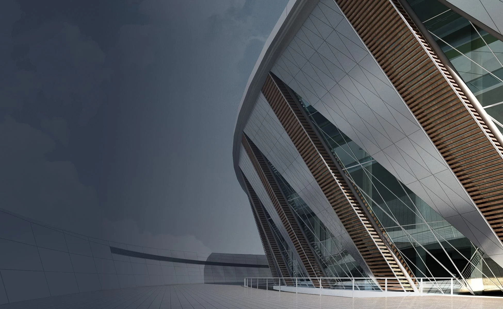 Angular Metal-Clad Architectural Facade Angular metal-clad architectural facade with timber fins against a blue sky