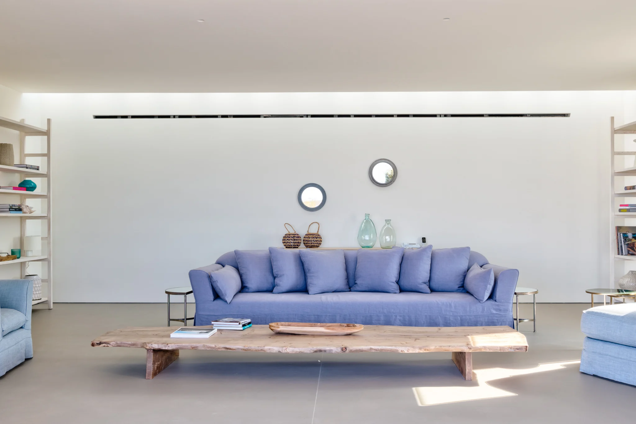 Modern interior design with sofa and great wide space on Paros Island in Cyclades, Greece