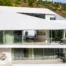 Aerial view of the angular white facade and long glazed frontage at Contemporary Minimalistic Villa, Athens, Attica, Greece.