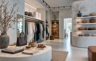 Athens fashion boutique with a curved display table, clothing rails, rounded accessory shelves and pale textured walls.