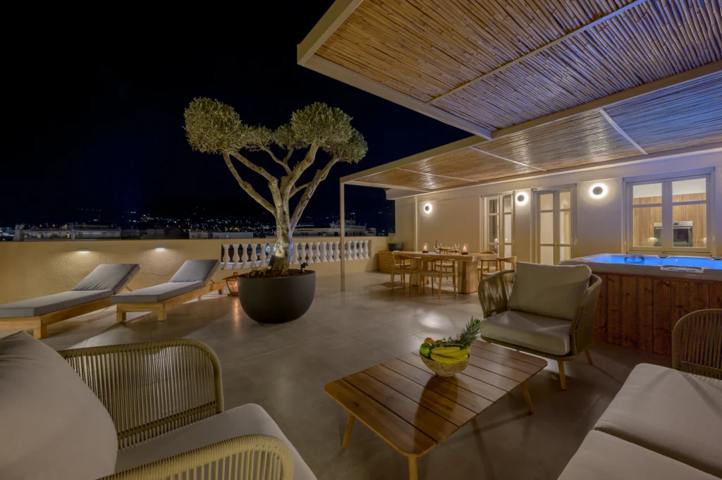 Penthouse Apartment in Kalamata – Residential Photography in Greece 11 Penthouse rooftop terrace in evening light in Kalamata, Greece