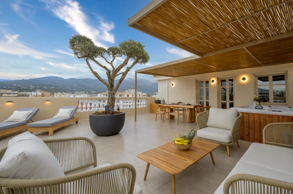 Penthouse Apartment in Kalamata – Residential Photography in Greece 2 Rooftop terrace with outdoor seating and hot tub at a penthouse apartment in Kalamata, Greece
