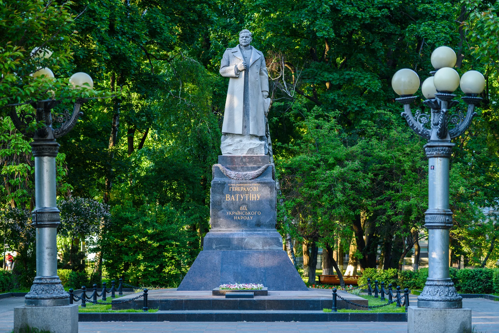 Historic monument to General Nikolai Vatutin in a tree-lined Ukrainian park