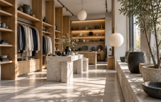 Athens retail store with timber clothing displays, pale central tables, decorative vessels and plants beside tall windows.