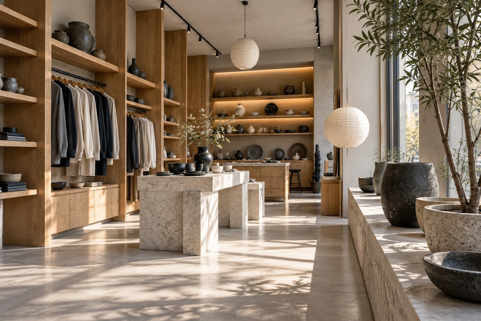 Athens retail store with timber clothing displays, pale central tables, decorative vessels and plants beside tall windows.