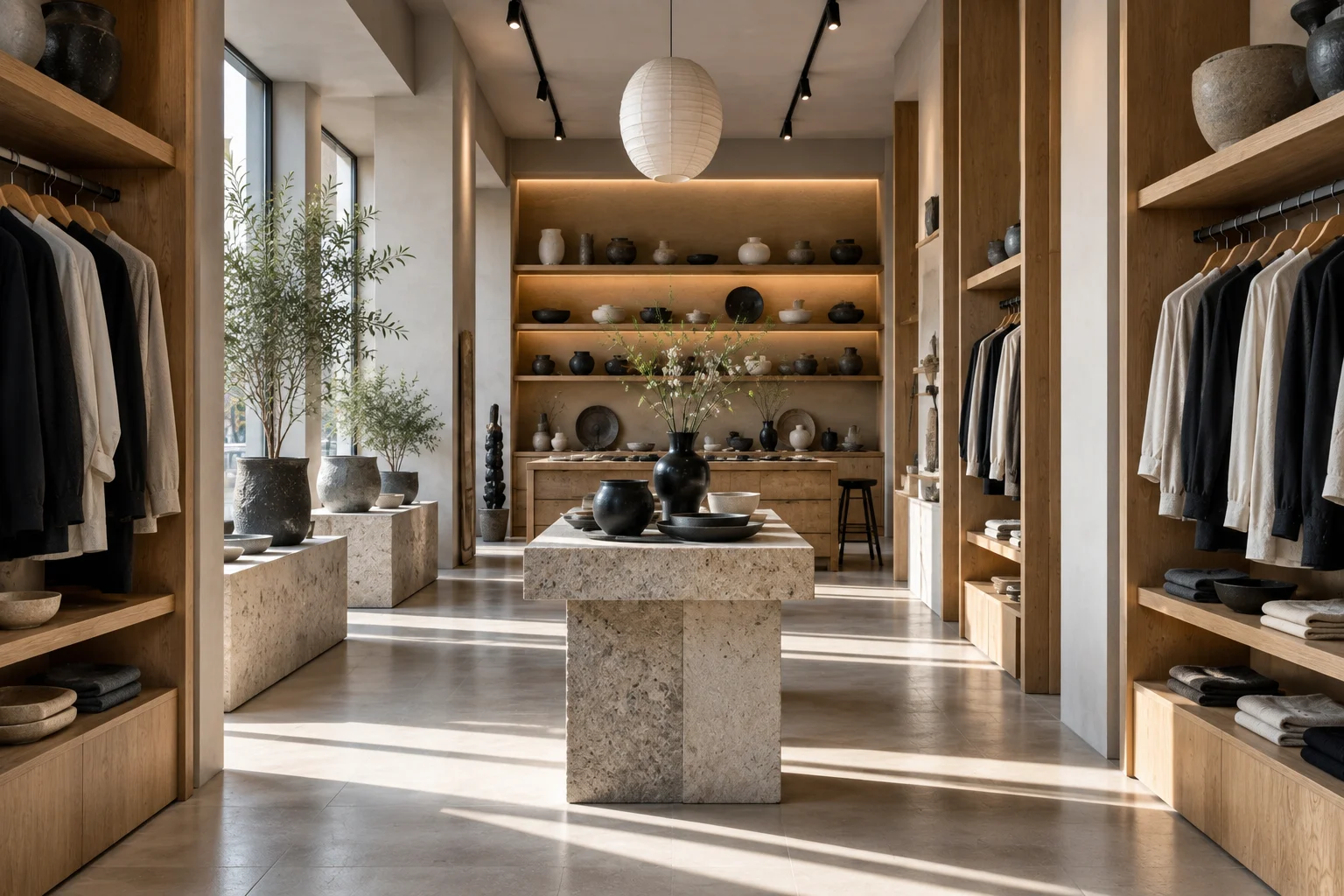 Central pale display table framed by timber clothing shelves beneath a pendant light in an Athens retail interior.