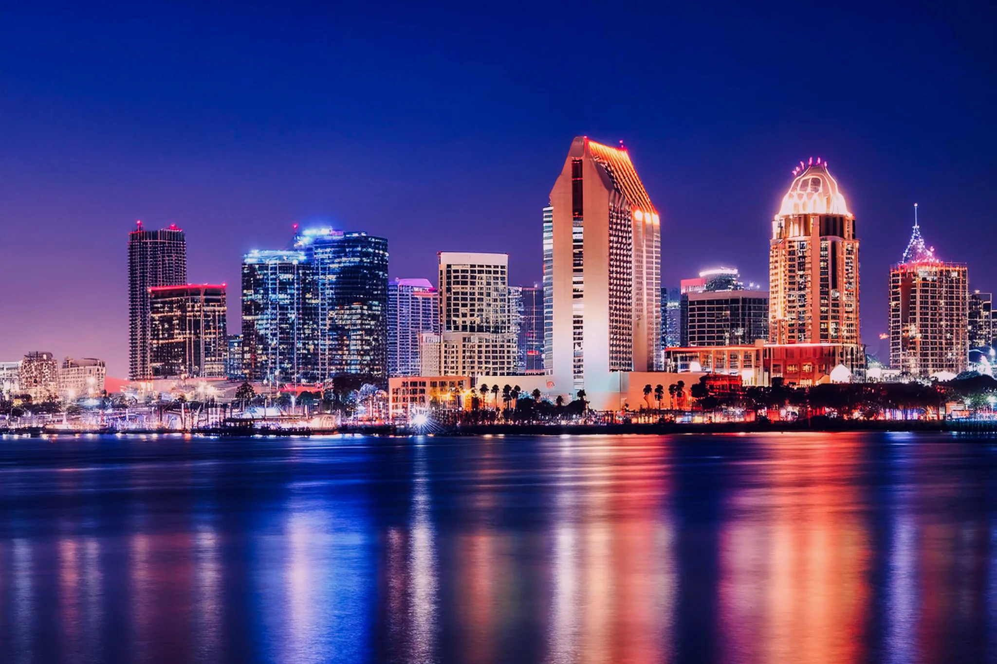 San Diego waterfront skyline and reflected city lights at night