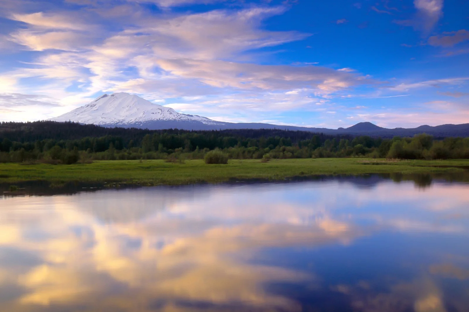 Snow-capped mountain reflected in still wetland water