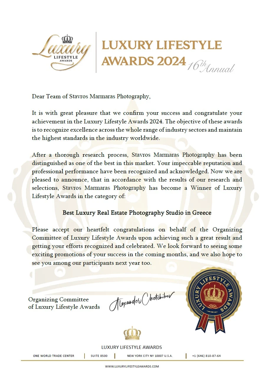 Luxury Lifestyle Awards 2024 letter naming Stavros Marmaras Photography winner of Best Luxury Real Estate Photography Studio in Greece