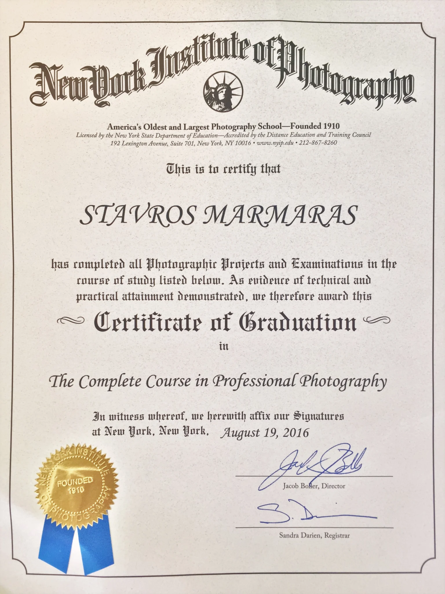 New York Institute of Photography Certificate of Graduation awarded to Stavros Marmaras in 2016