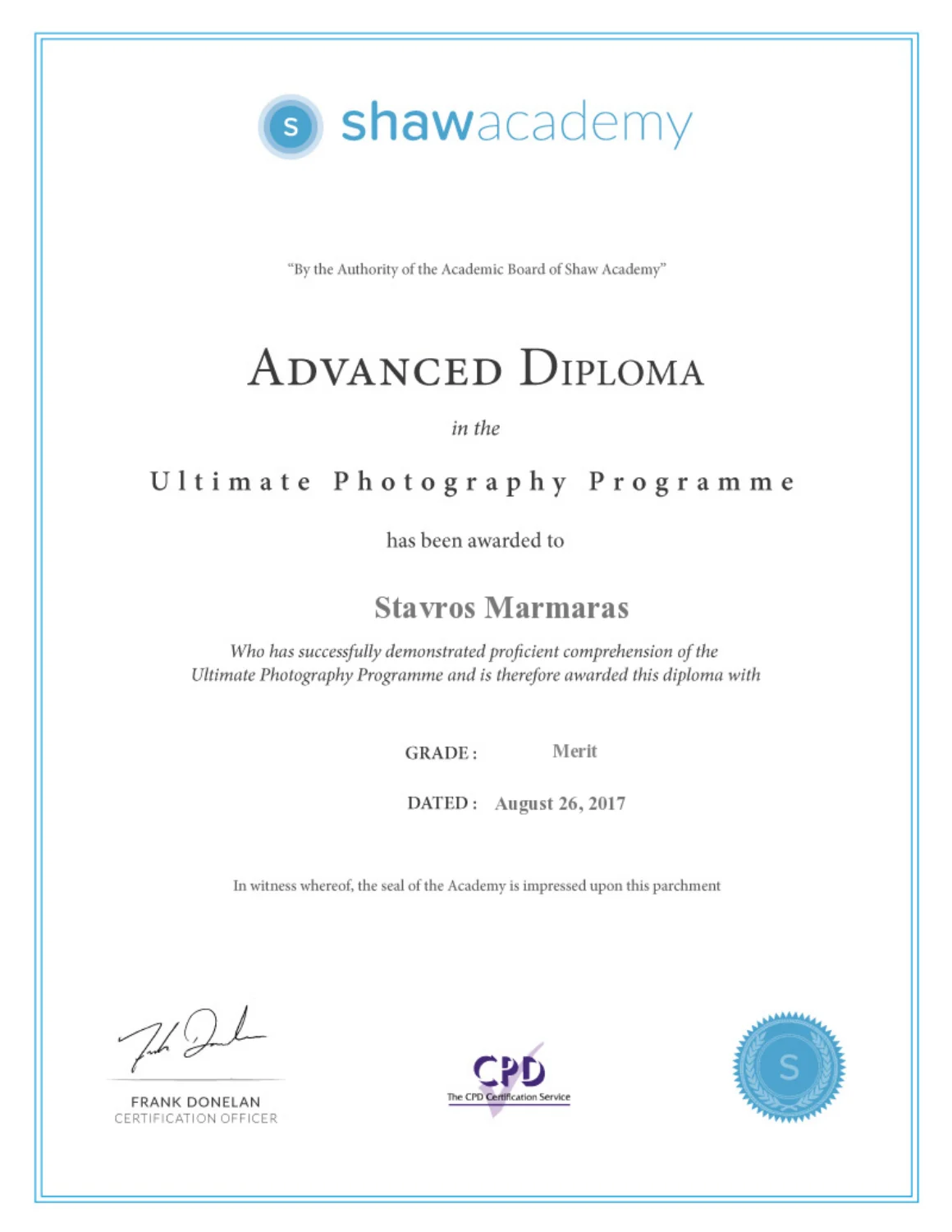 Shaw Academy Advanced Diploma in the Ultimate Photography Programme awarded to Stavros Marmaras with Merit in 2017