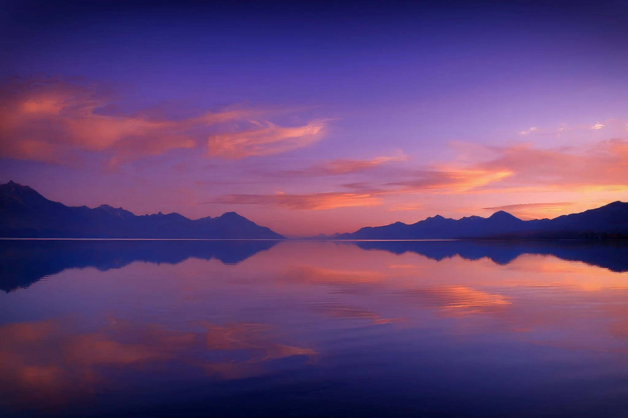 Mountain silhouettes reflected in a calm lake at twilight in Chile