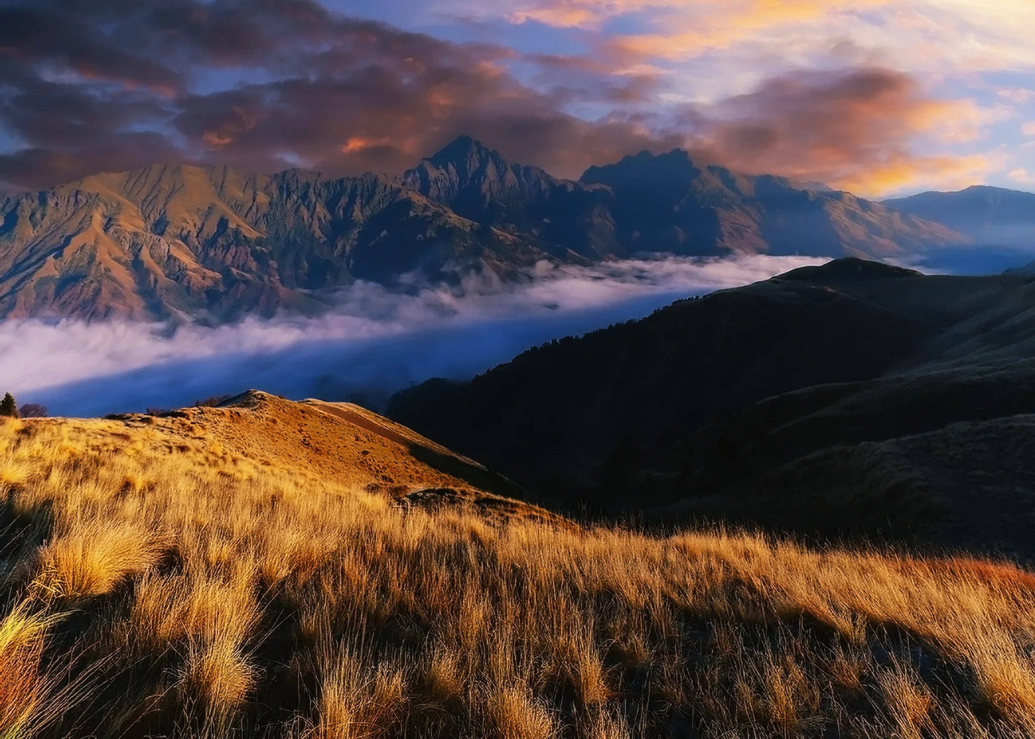 Golden grass and a rugged mountain ridge above low cloud at sunrise