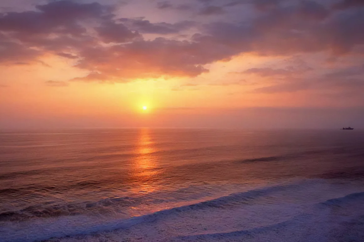 Sun setting over the ocean beneath soft pink and purple clouds
