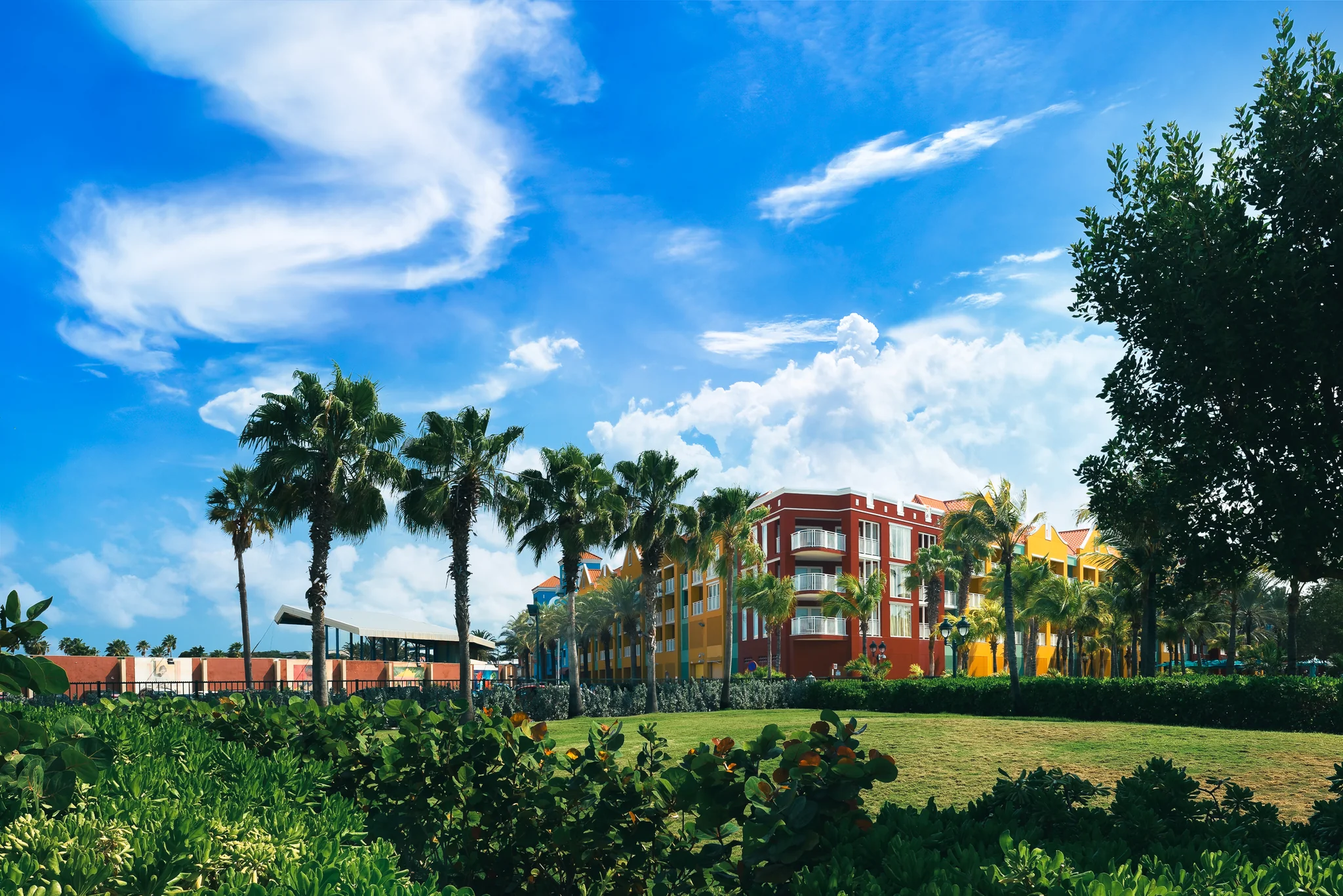 Colourful waterfront resort buildings framed by palms and a bright sky