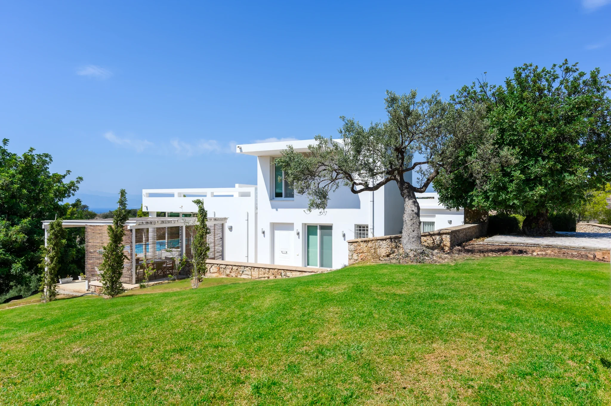 White villa behind a green lawn and mature olive tree, with stone garden walls and a pergola screened by woven shades at Villa Bel Air in Porto Heli.
