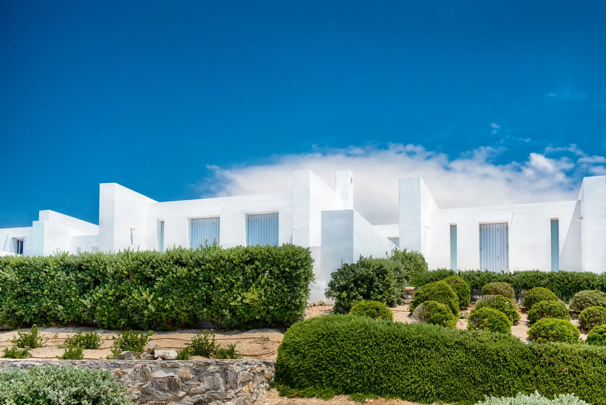 White geometric villa volumes with grey shutters rise above clipped green shrubs and stone garden borders at Villa Edge in Paros.