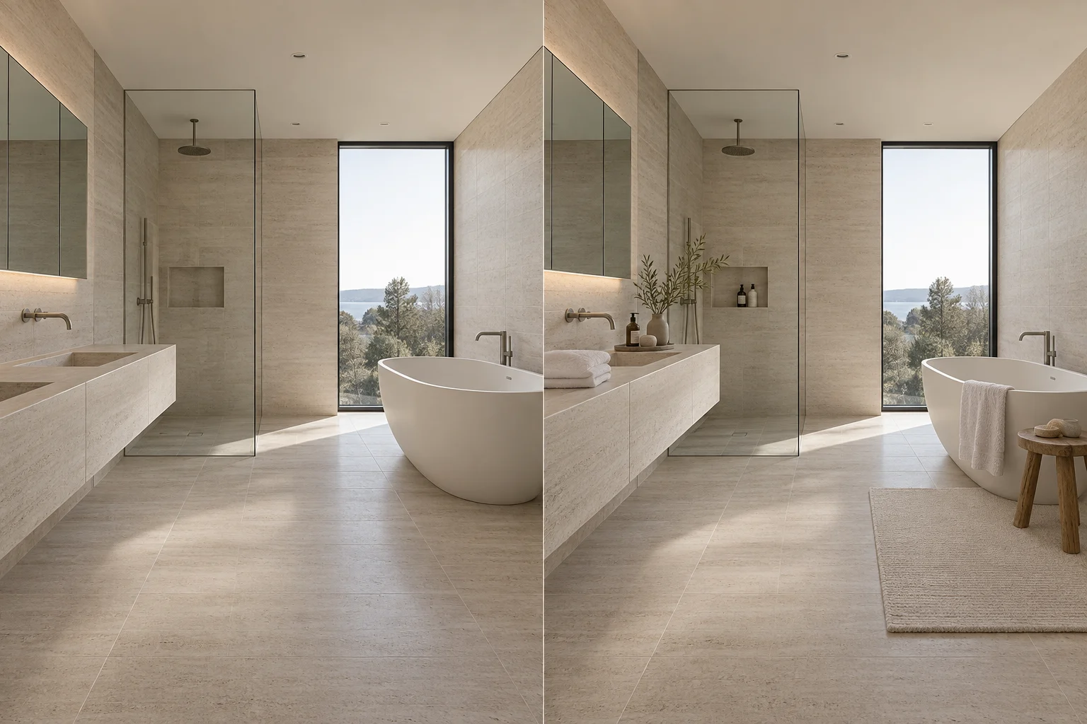 Before and after virtual staging of a refined contemporary bathroom in Greece