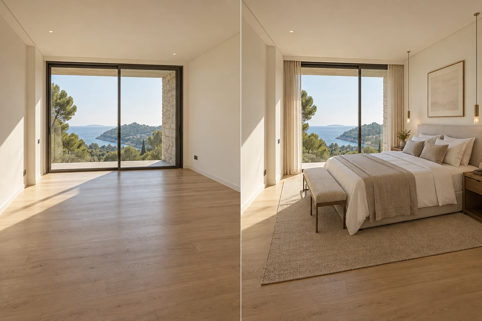 Before and after virtual staging of a contemporary luxury bedroom in Greece