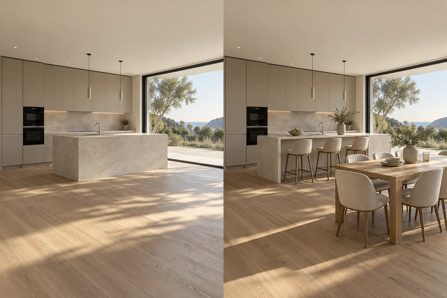 Before and after virtual staging of a contemporary kitchen and dining area in Greece