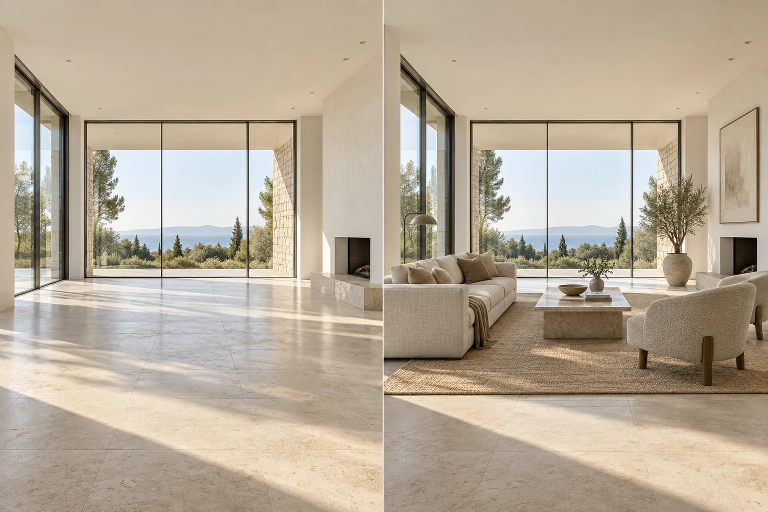 Before and after virtual staging of a luxury living room in Greece
